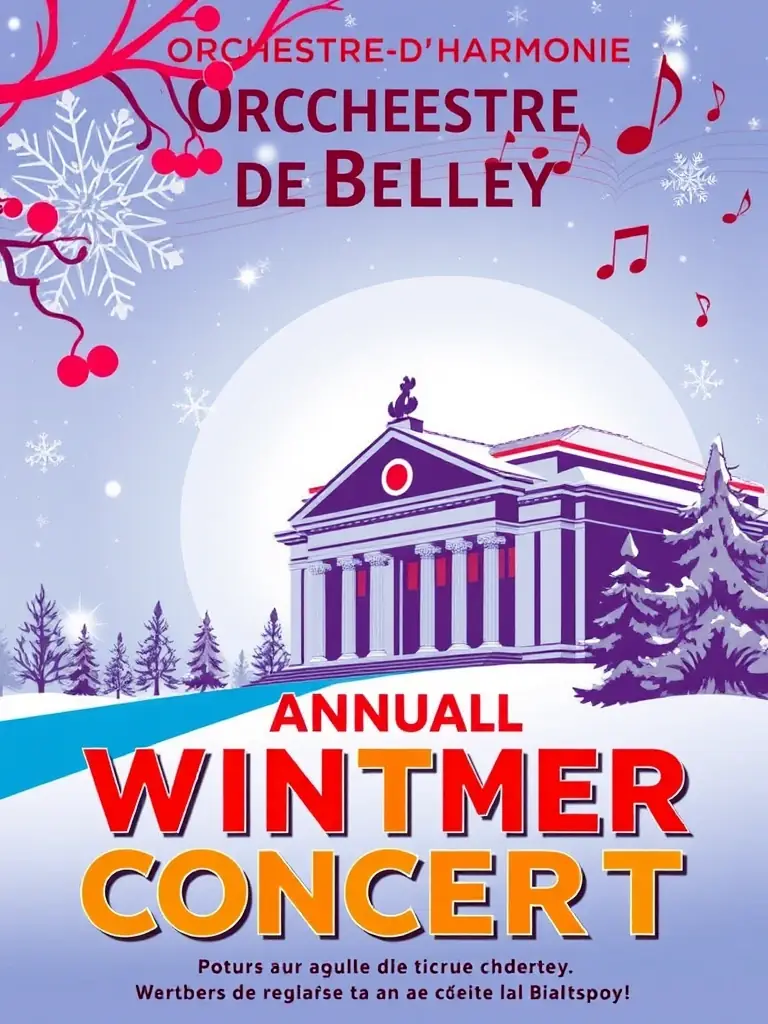 A promotional poster for the Orchestre d'Harmonie de Belley's annual winter concert, featuring festive imagery and details about the performance.