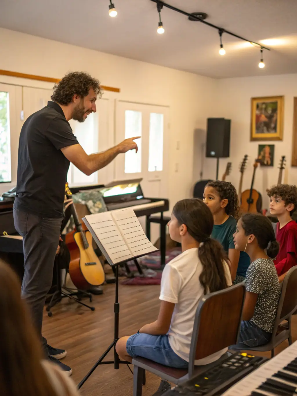 A photo of a masterclass session with a renowned wind instrument player, teaching advanced techniques to orchestra members.