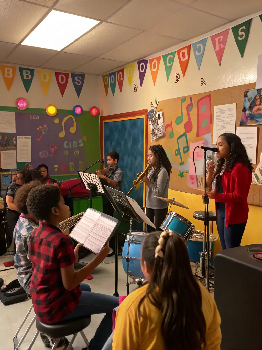 A photo of the Orchestre d'Harmonie de Belley performing at a local school, engaging with young students and fostering an appreciation for music.