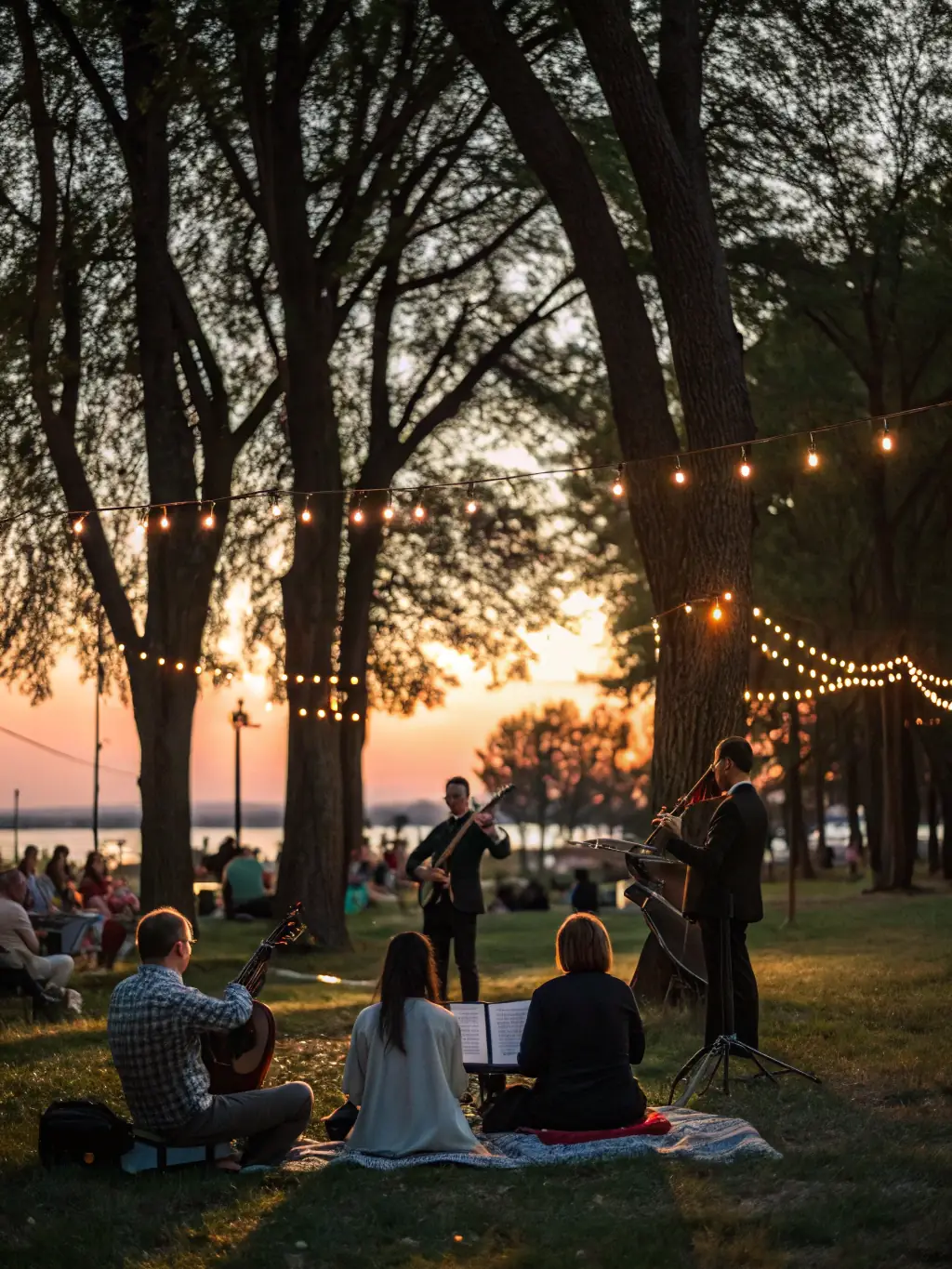 A photograph of the Orchestre d'Harmonie de Belley performing a concert in a local park during the summer, with families and community members enjoying the music.