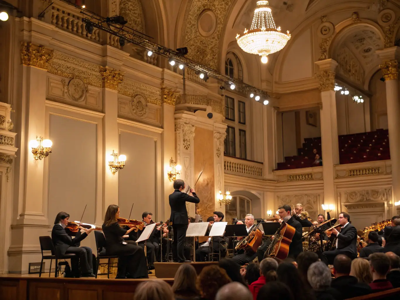 A captivating photograph of the ORCHESTRE D'HARMONIE DE BELLEY performing live on stage during a community concert, with a diverse audience enjoying the performance.