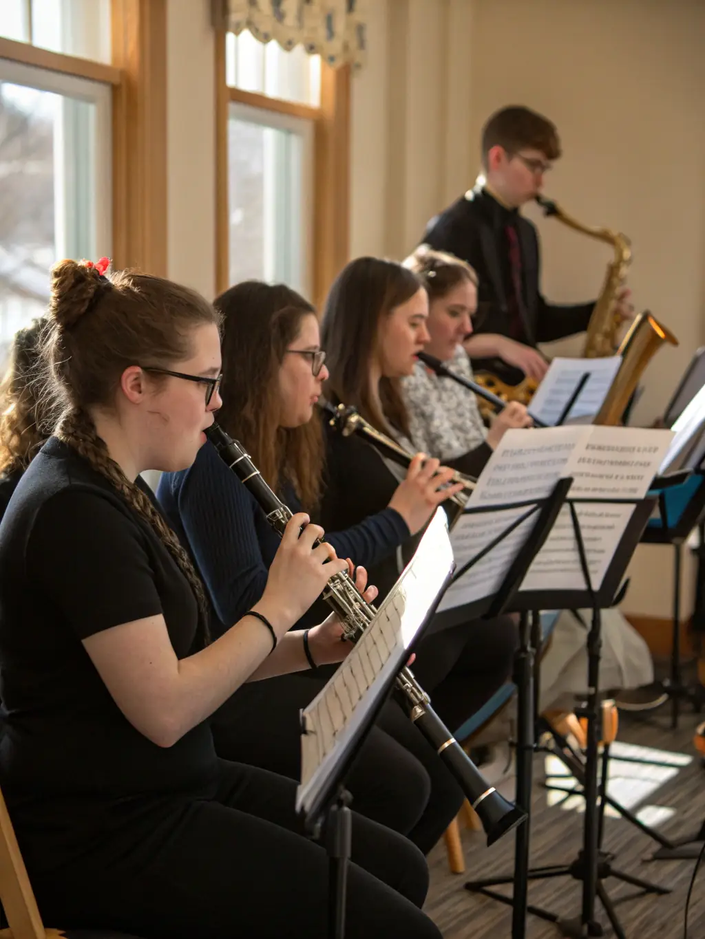 A rehearsal photo showing the full Orchestre d'Harmonie de Belley in action, with the conductor leading the ensemble.