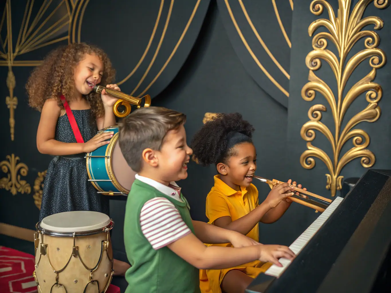 A vibrant image depicting a music education workshop for young children, led by members of the ORCHESTRE D'HARMONIE DE BELLEY, showcasing hands-on learning and engagement with musical instruments.